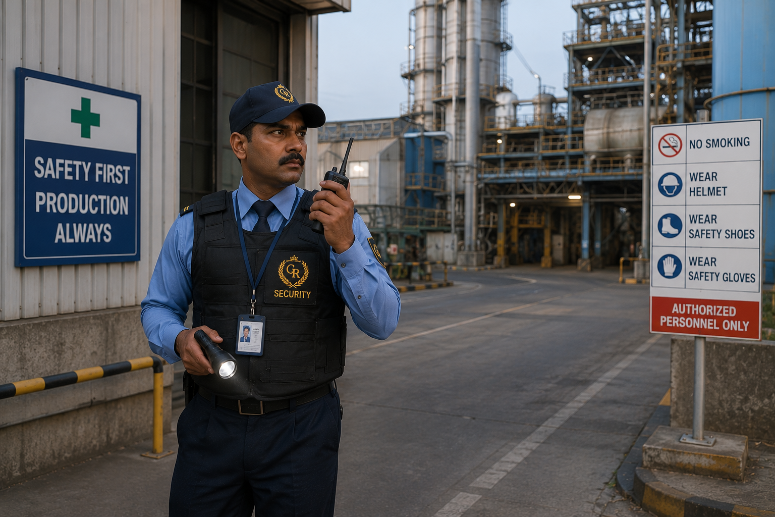 Security guard patrolling an industrial site